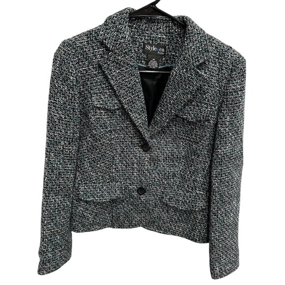 Style & Co Petite Tweed Blazer Jacket Black White Turquoise Fully Lined Sz 4P - Picture 1 of 9